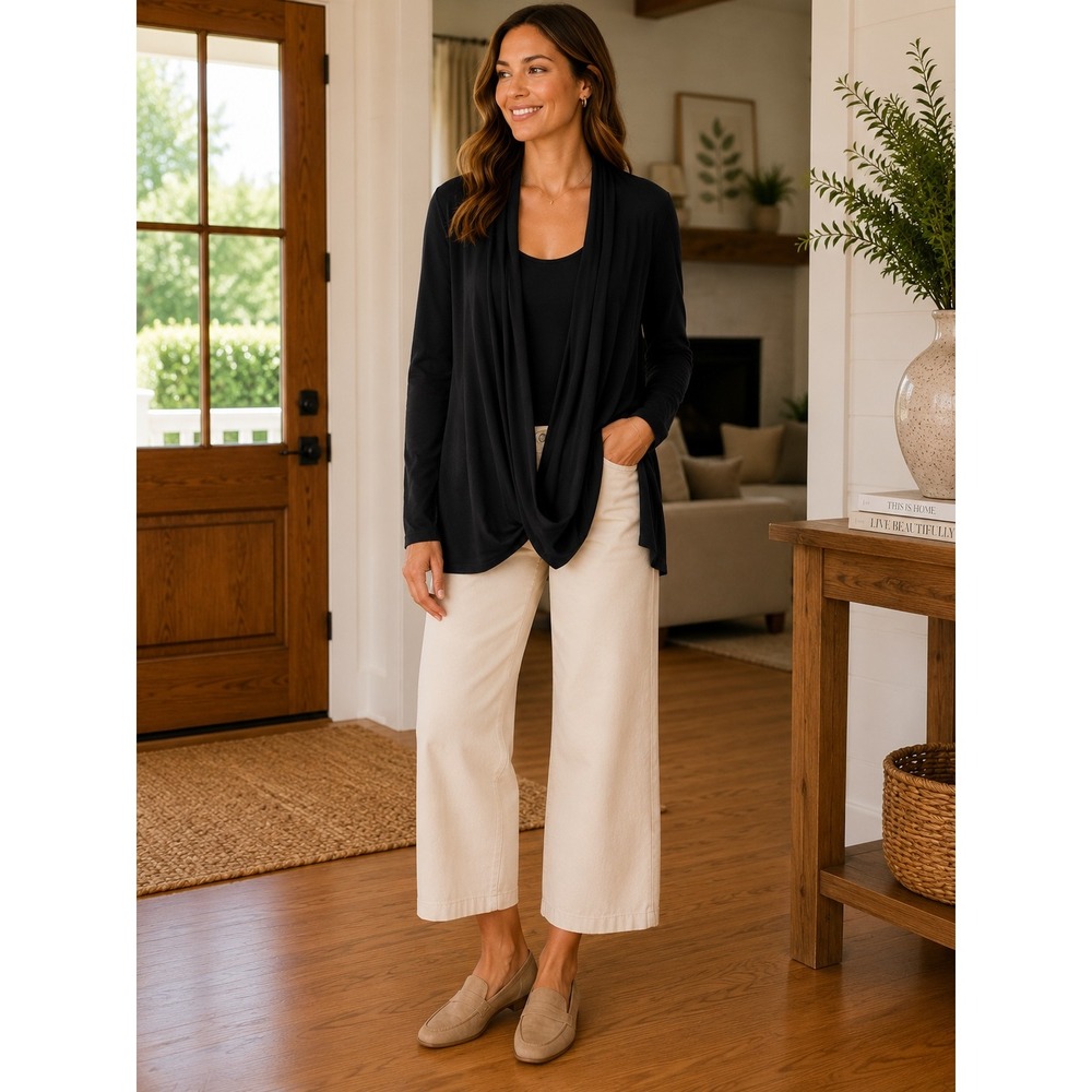 Cabi Black Draped Wrap Front Long Sleeve Layered Look Top XS 599